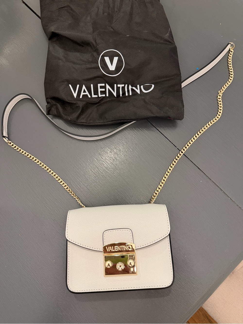 Valentino Cream Leather Chain Crossbody Bag with Gold Hardware